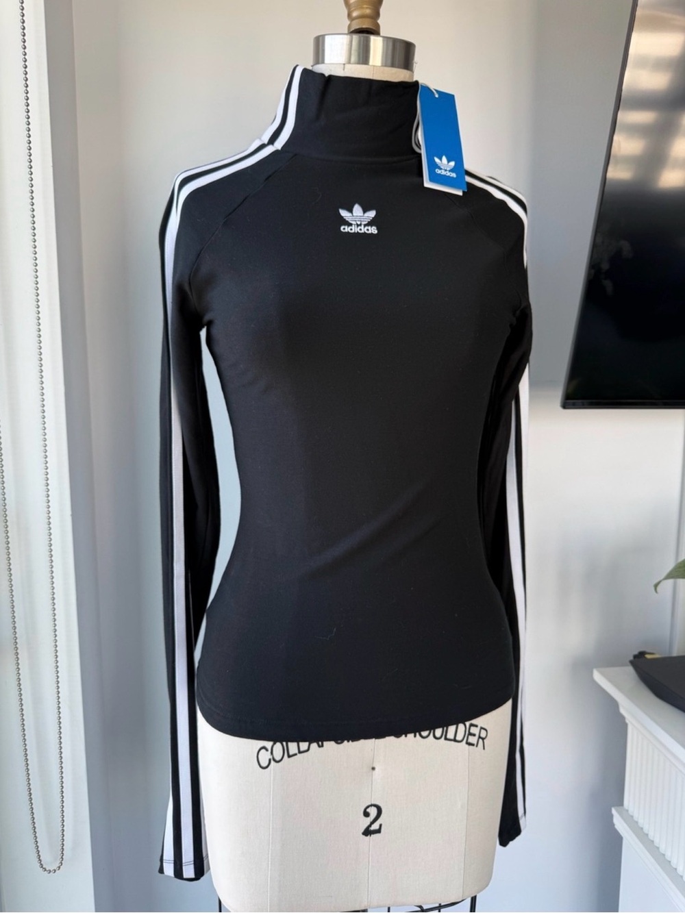 New adidas Black Long-Sleeve Mock Neck Top with White Stripes